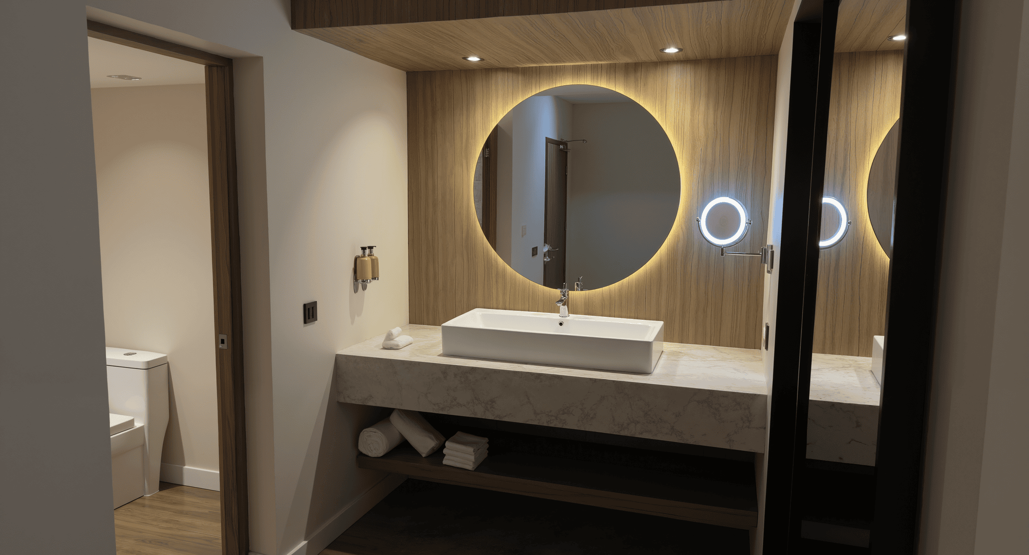 Elegant bathroom with large circular mirror and modern lighting overlooking Santo Domingo Bay Boca Chica.